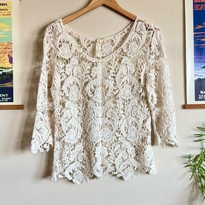 Ivory Boho Lace Crochet Top Cottagecore Prairie Peasant Womens M EUC Cotton